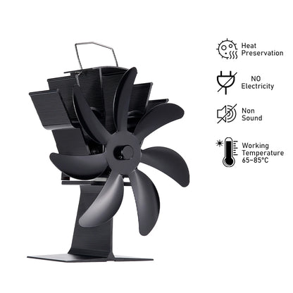 Black 7-blade heat-powered stove fan with heat preservation, silent operation, and a working temperature of 65-85°C.