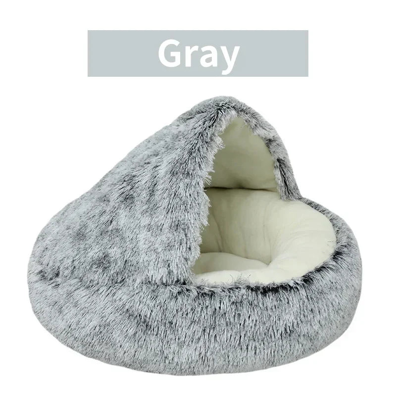 WinterPlus™ Enclosed Pet Cat Bed in gray, featuring a soft plush interior and a semi-enclosed design for a cozy resting space.