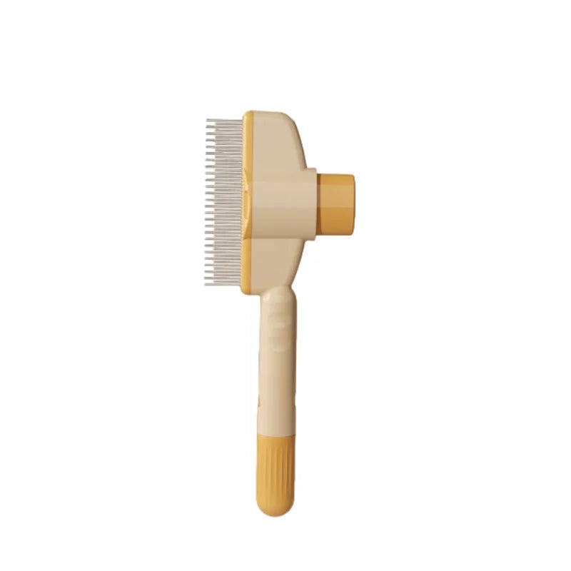 Yellow pet hair grooming brush with self-cleaning feature and fine bristles. Perfect for grooming dogs and cats while ensuring easy fur removal.