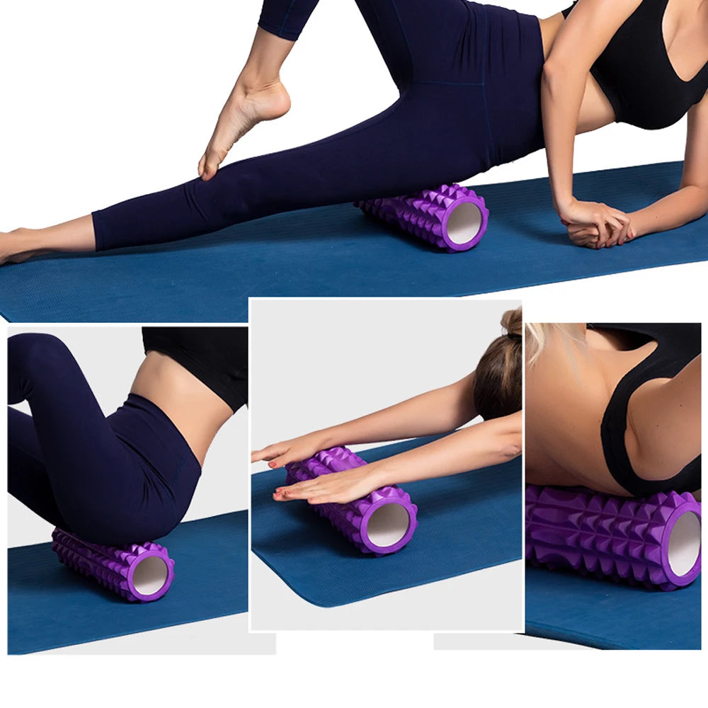 Fitclub™ Foam Massage Roller in use for various muscle groups, including legs and back, ideal for body massage and relaxation.