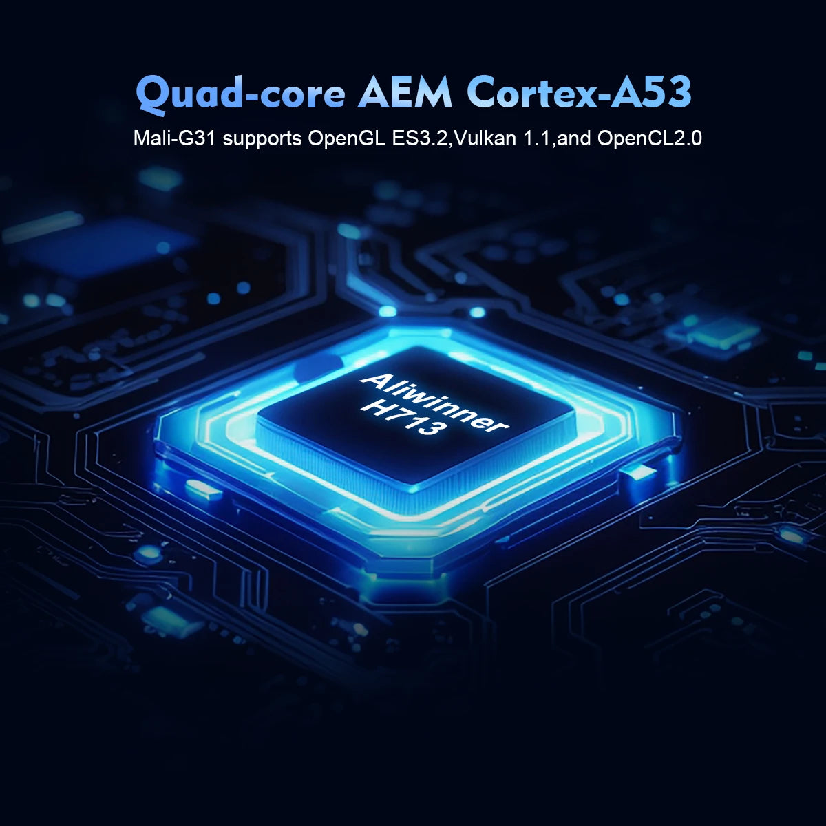 Quad-core AEM Cortex-A53 processor with Allwinner H713 chip, featuring Mali-G31 support for OpenGL ES3.2, Vulkan 1.1, and OpenCL 2.0.