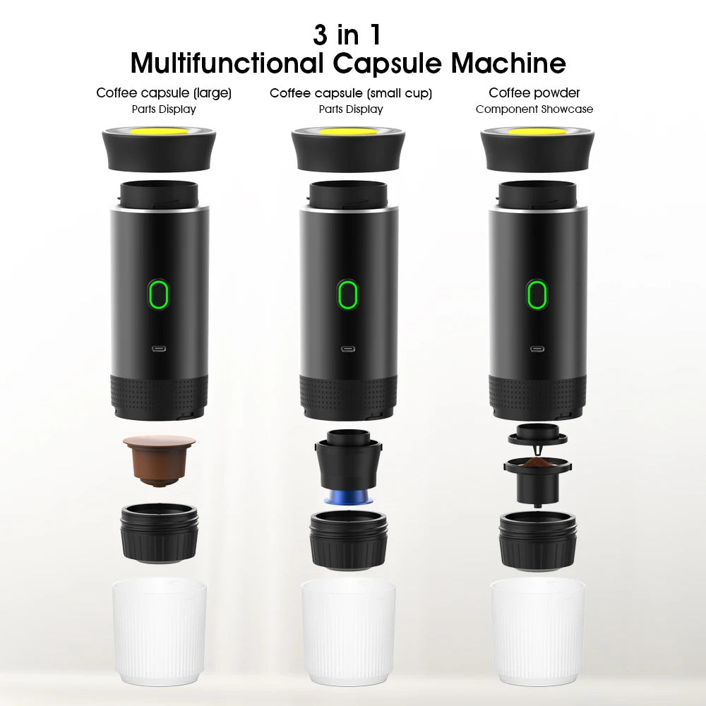 Multifunctional capsule espresso machine showcasing compatibility with large and small coffee capsules, as well as ground coffee for versatile brewing.