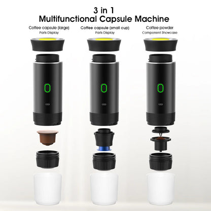 Multifunctional capsule espresso machine showcasing compatibility with large and small coffee capsules, as well as ground coffee for versatile brewing.