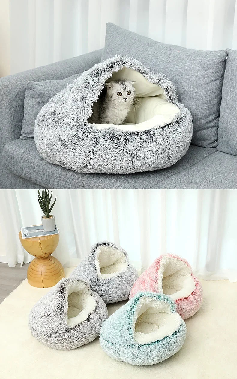 A cat resting inside the WinterPlus™ Enclosed Pet Cat Bed on a couch, with additional beds in various colors displayed below.