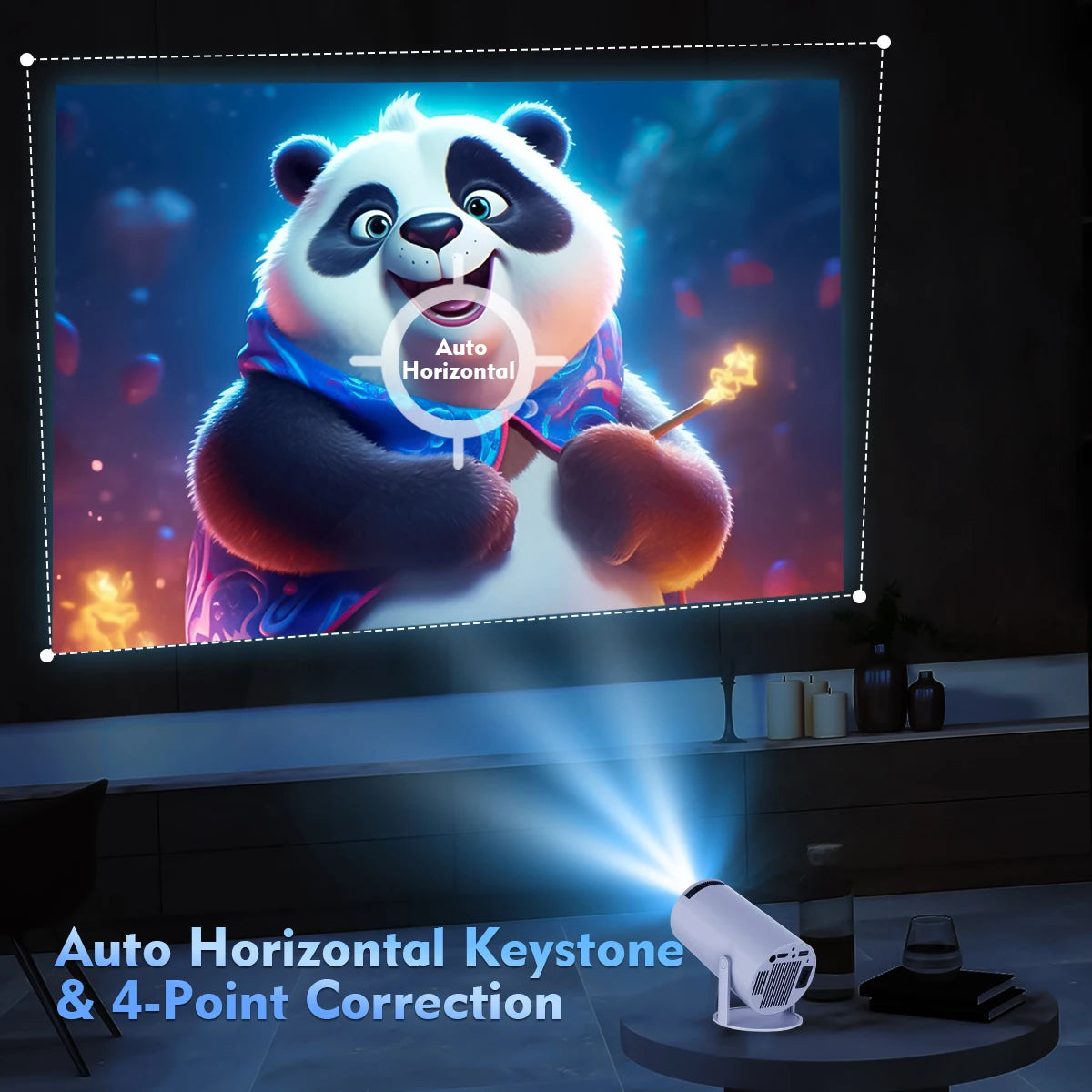 Movieclub™ Ultra HD home/outdoor projector displaying an animated panda on a large screen with auto horizontal keystone and 4-point correction feature.