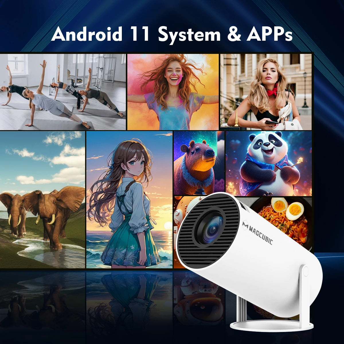 Movieclub™ Ultra HD home/outdoor projector with Android 11 system, showcasing various entertainment options including movies, fitness, and gaming.