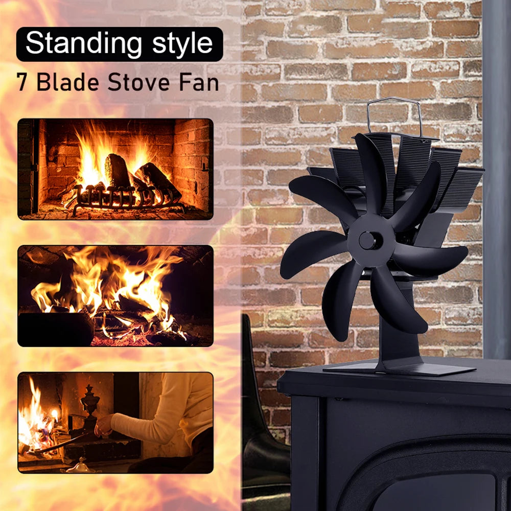 Standing style 7-blade stove fan placed on a wood stove, enhancing heat circulation with no electricity required.