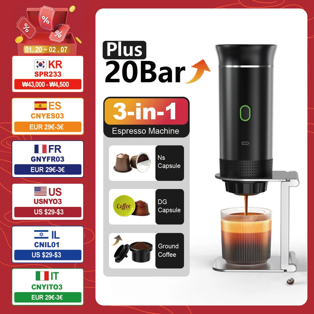 3-in-1 espresso machine with 20-bar pressure, compatible with NS capsules, DG capsules, and ground coffee. Multi-currency pricing for global buyers.