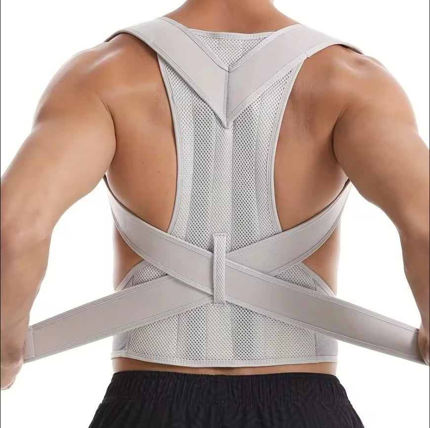 Gray Fitclub™ Male Female Adjustable Posture Corrector worn by a man, highlighting the cross-back strap design for enhanced posture support.