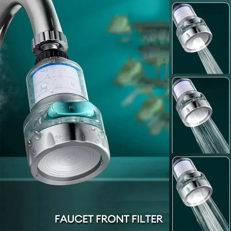 Faucet front filter with three adjustable water flow modes, featuring a transparent design and built-in filtration system for clean water.