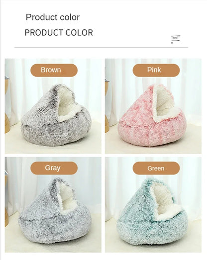 WinterPlus™ Enclosed Pet Cat Bed available in four colors: brown, pink, gray, and green, offering stylish and cozy options for pets.