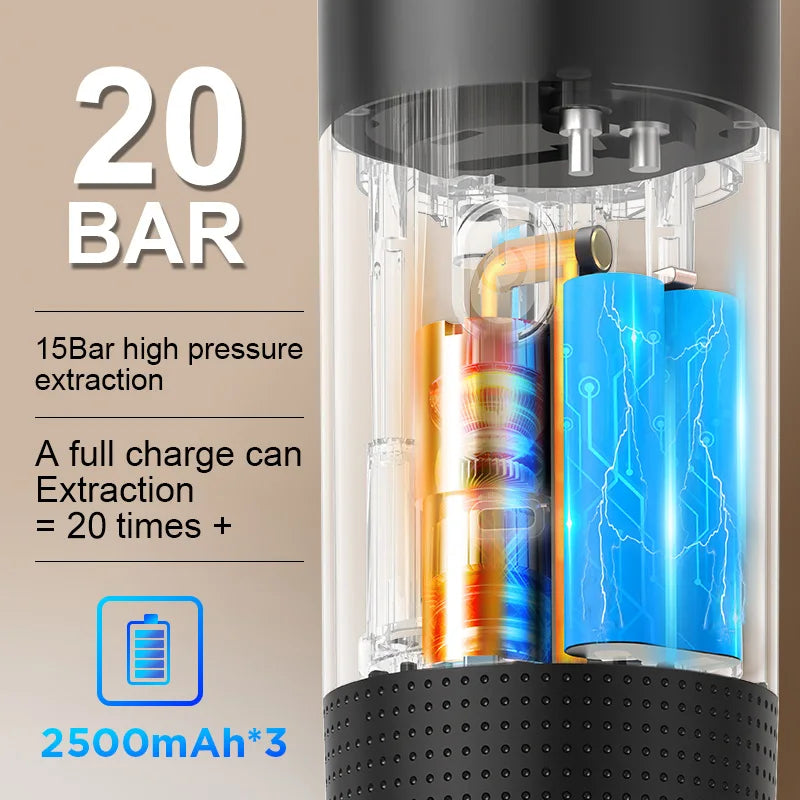 High-pressure 20-bar espresso extraction system with a 2500mAh battery. A full charge allows for over 20 extractions, ensuring convenience on the go.