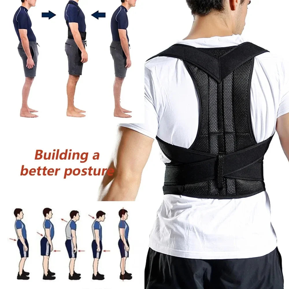 Fitclub™ Male Female Adjustable Posture Corrector worn by a man, showing before and after posture improvement. Helps build a better posture.