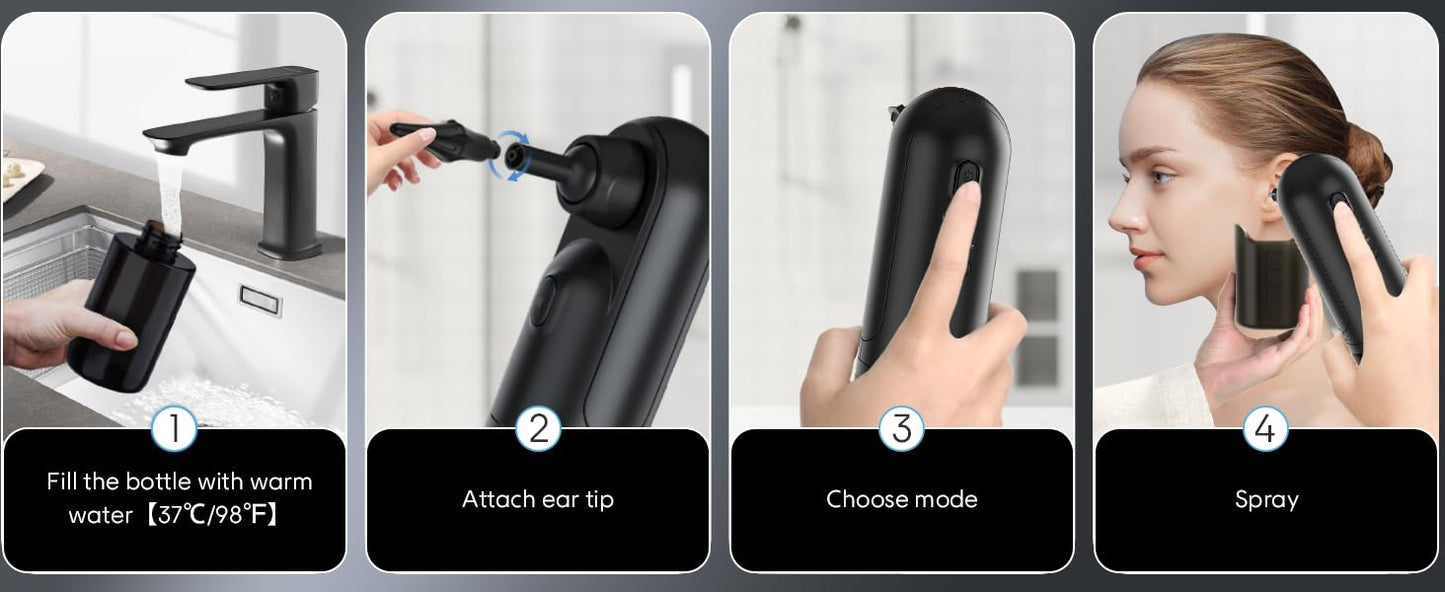 Step-by-step usage instructions for the rechargeable ear wax removal kit. Includes filling, attaching the ear tip, selecting mode, and spraying.