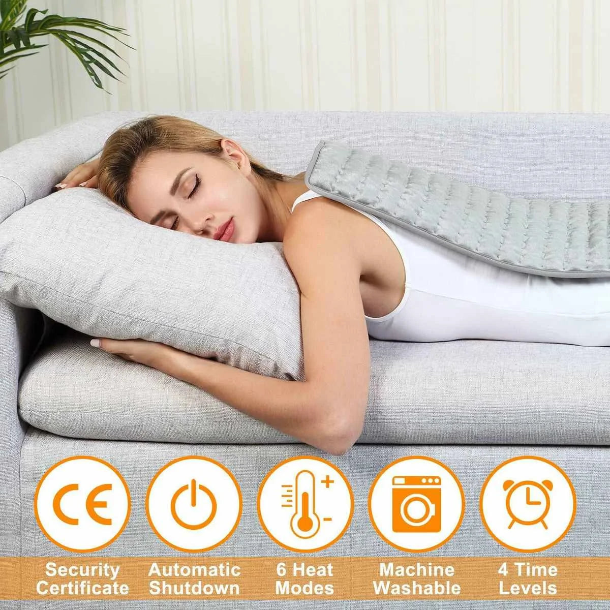 Woman relaxing with an electric heating pad on her back, highlighting features like automatic shutdown, machine washability, and 6 heat modes.