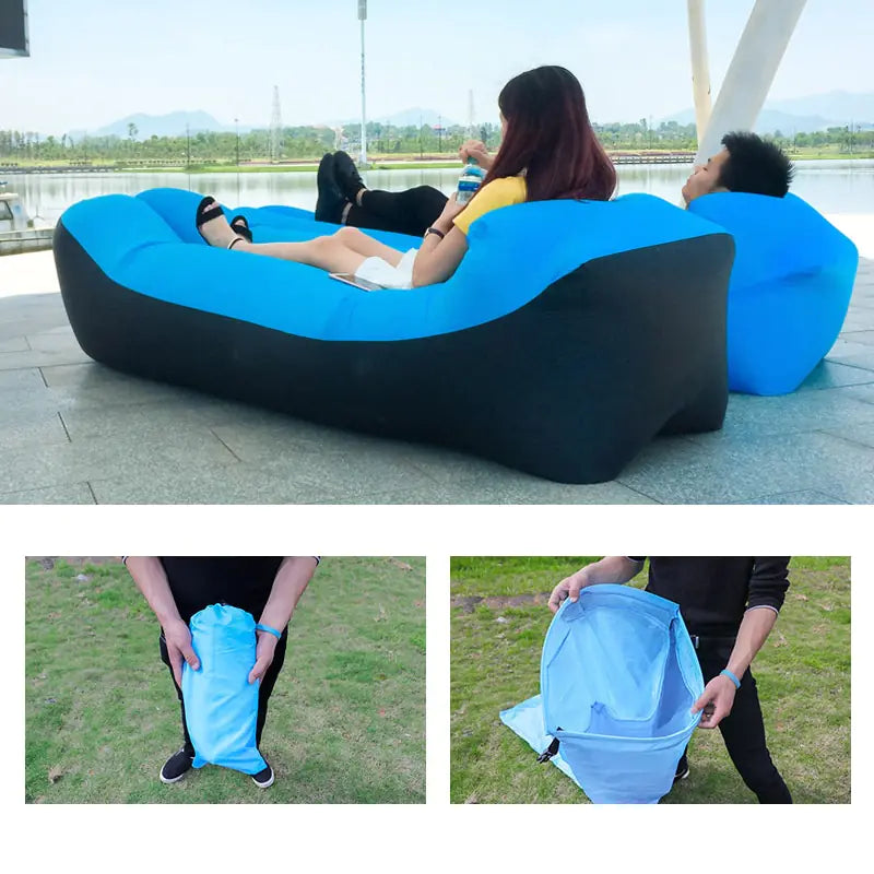 Blue Relax™ Inflatable Sofa Bed with two people lounging by a lake. Compact and portable, great for travel and outdoor leisure.